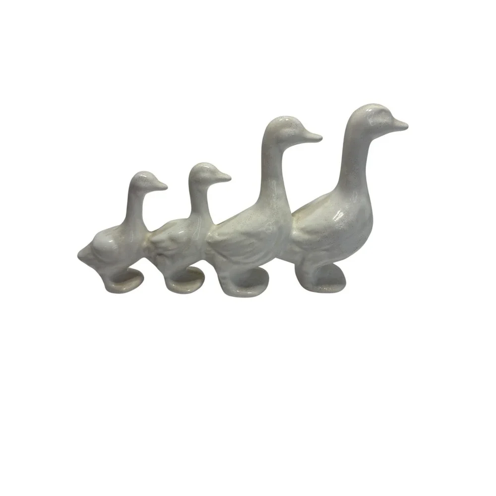 White Ceramic Duck Family Figurine Graduated Geese Row Farmhouse Decor Vintage
